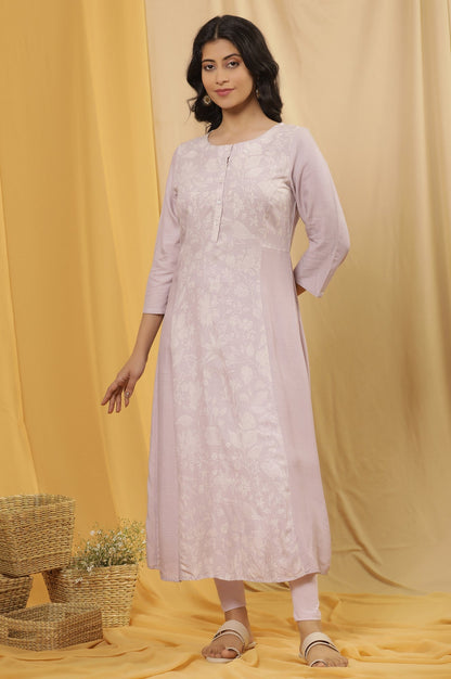 W for Woman Purple Floral Printed A-Line Kurta And Tights Set
