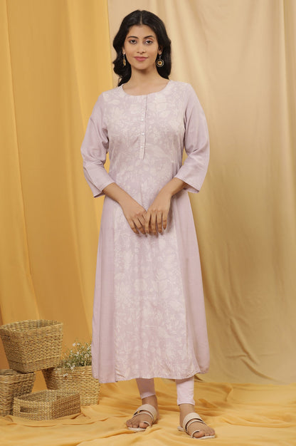 W for Woman Purple Floral Printed A-Line Kurta And Tights Set
