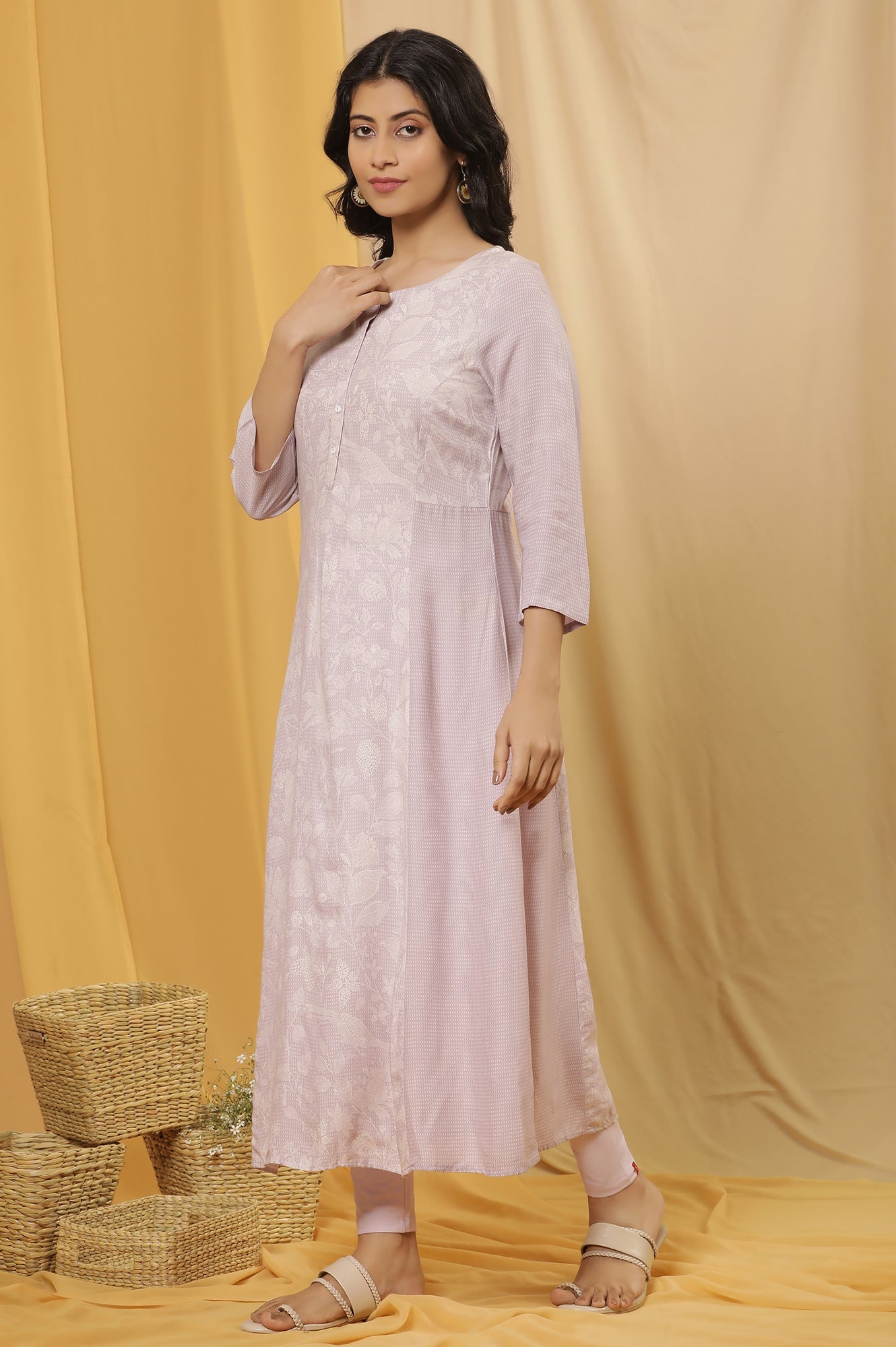 W for Woman Purple Floral Printed A-Line Kurta And Tights Set