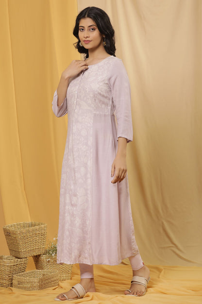 W for Woman Purple Floral Printed A-Line Kurta And Tights Set
