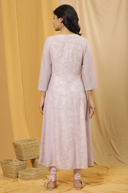 W for Woman Purple Floral Printed A-Line Kurta And Tights Set