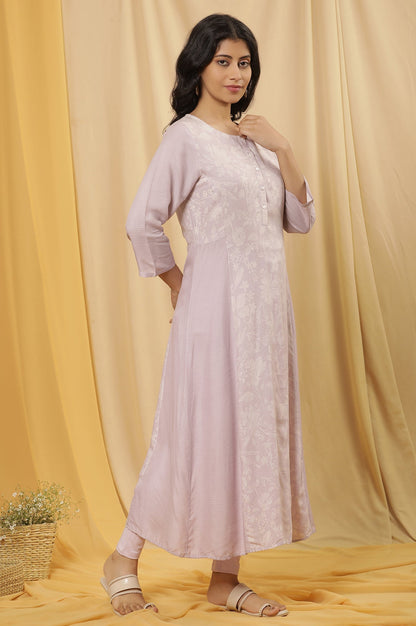 W for Woman Purple Floral Printed A-Line Kurta And Tights Set