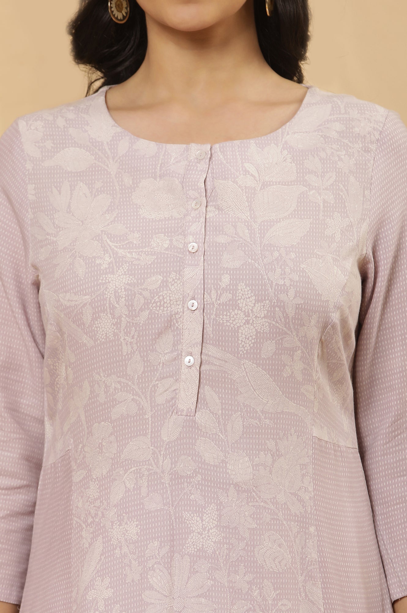 W for Woman Purple Floral Printed A-Line Kurta And Tights Set