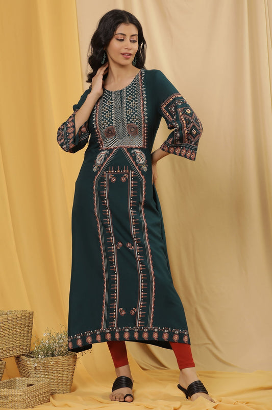 W for Woman Green Printed Flared Kurta And Tights Set