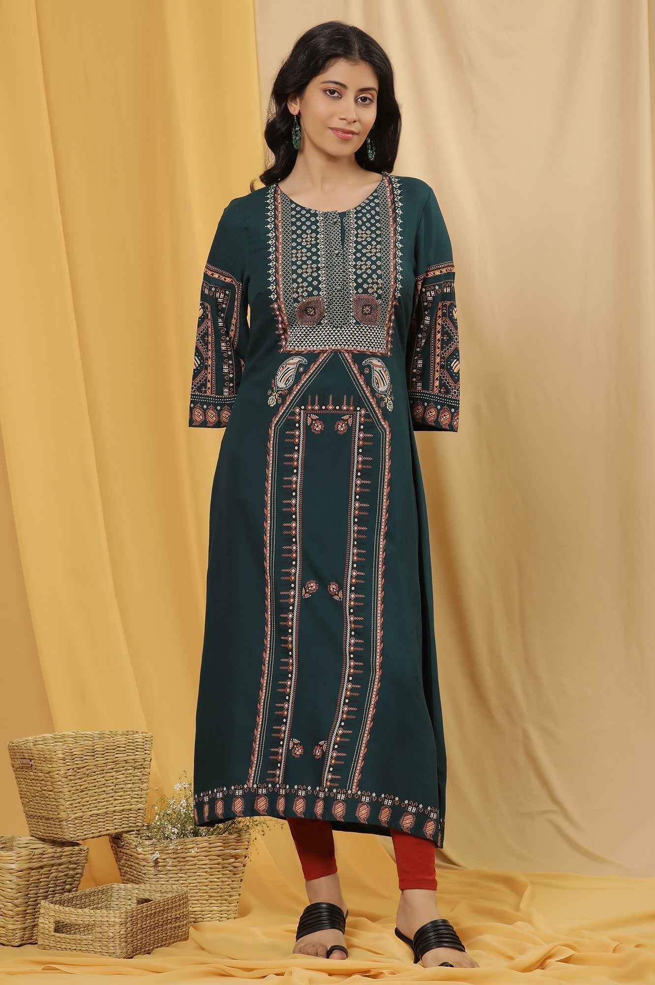W for Woman Green Printed Flared Kurta And Tights Set