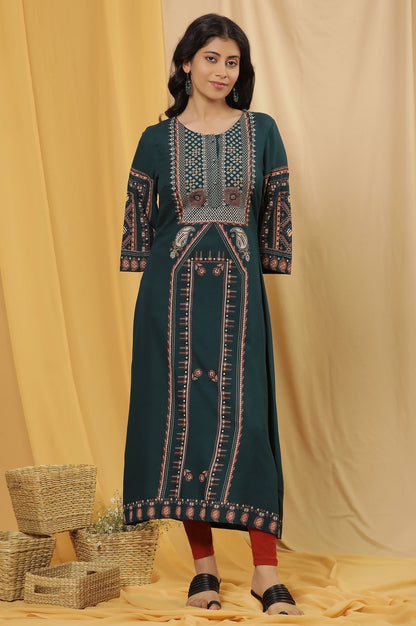 W for Woman Green Printed Flared Kurta And Tights Set