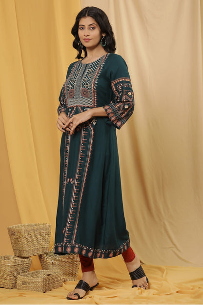 W for Woman Green Printed Flared Kurta And Tights Set
