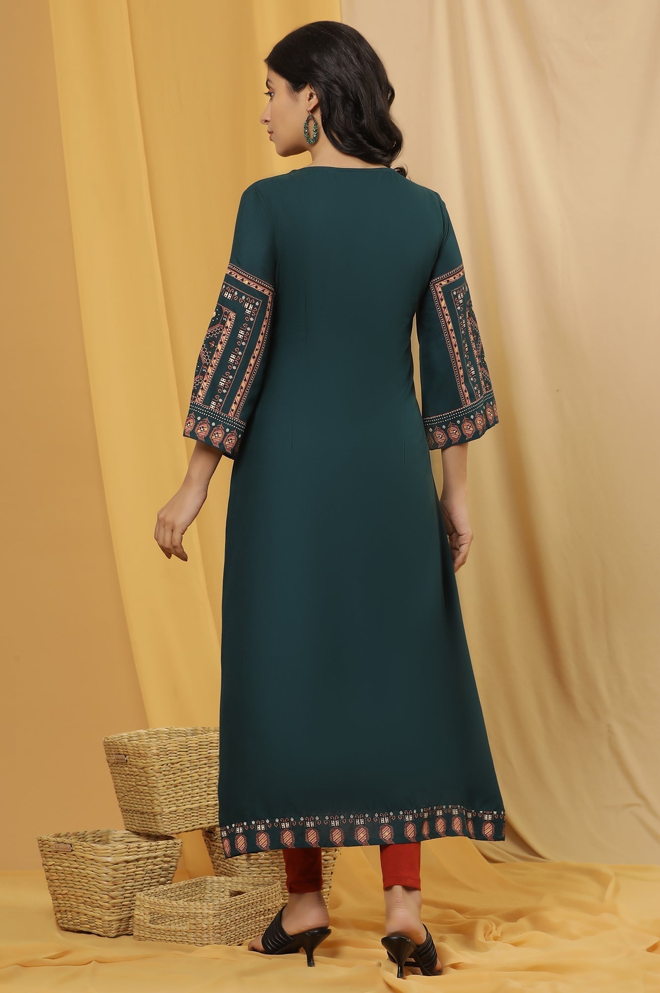 W for Woman Green Printed Flared Kurta And Tights Set