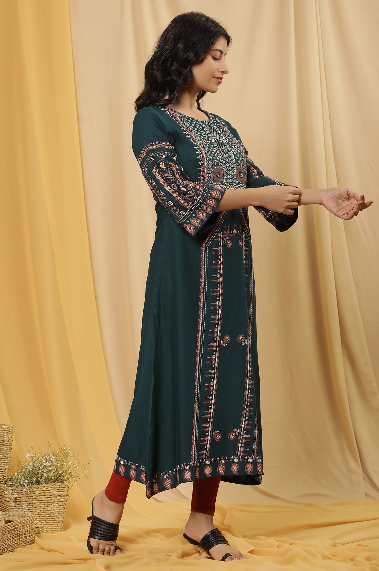 W for Woman Green Printed Flared Kurta And Tights Set
