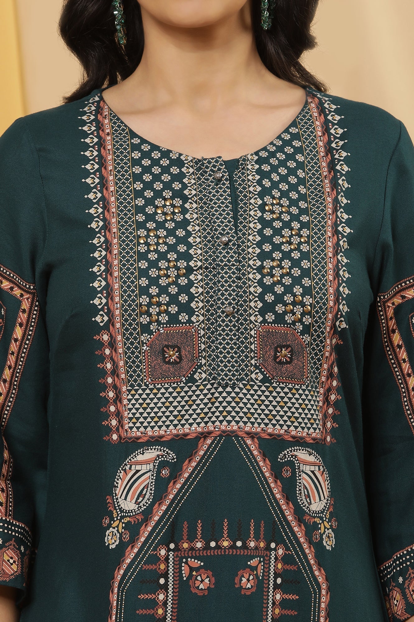 W for Woman Green Printed Flared Kurta And Tights Set