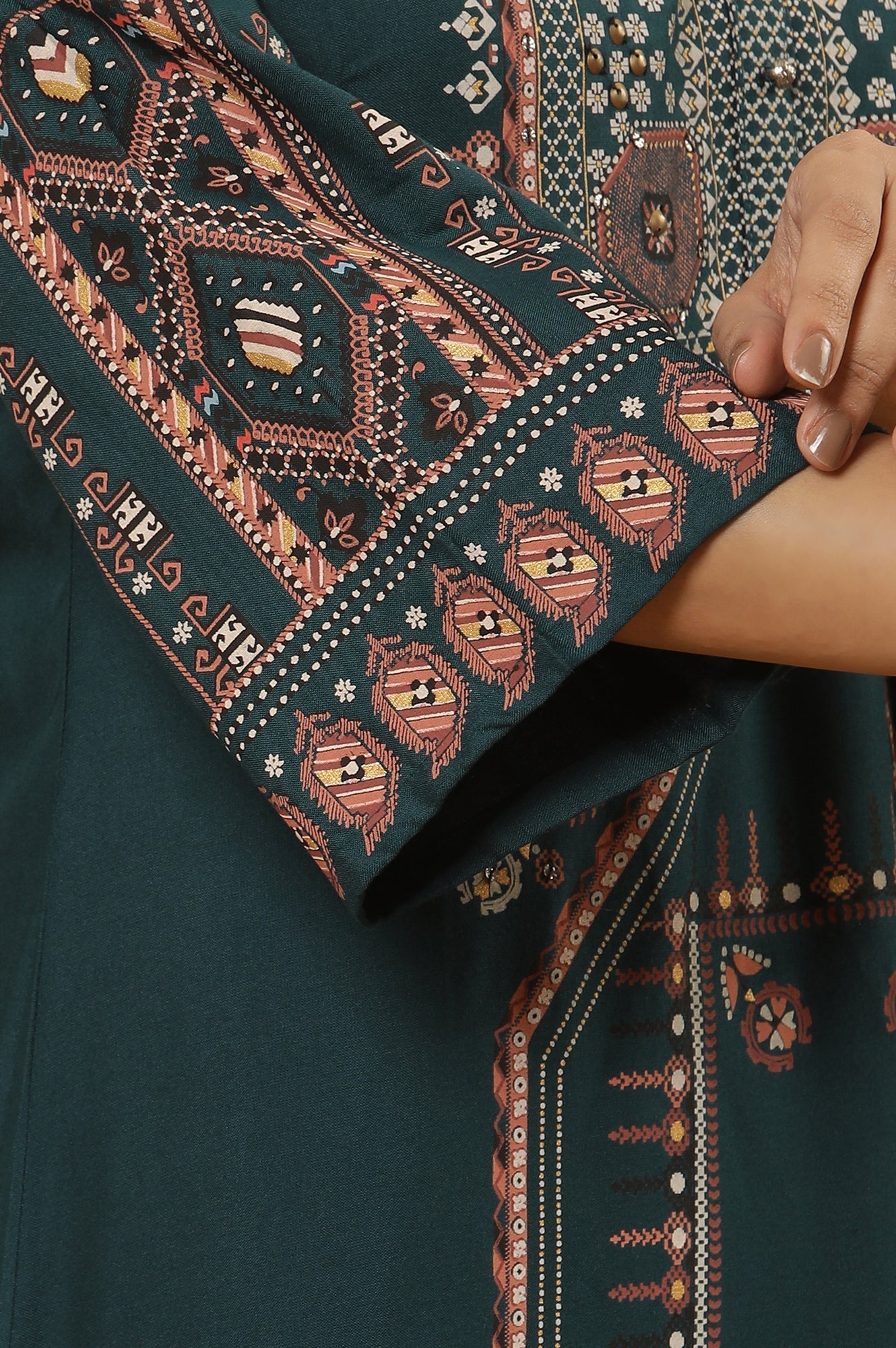 W for Woman Green Printed Flared Kurta And Tights Set