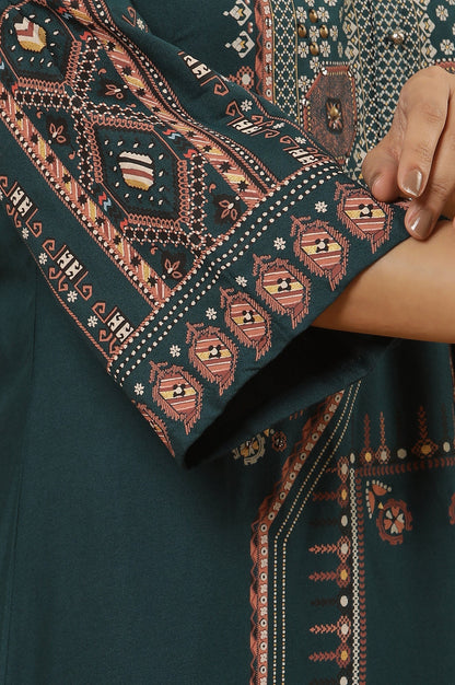 W for Woman Green Printed Flared Kurta And Tights Set