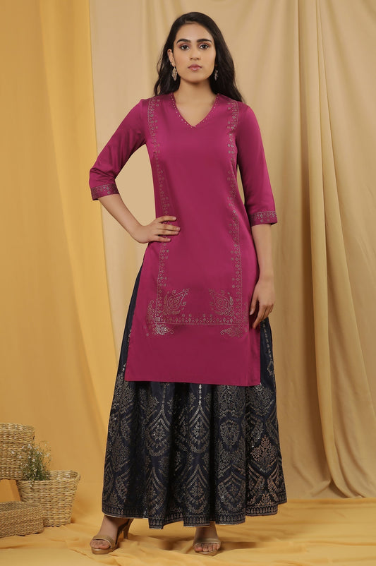 W for Woman Magenta Mukaish Kurta And Printed Skirt Set