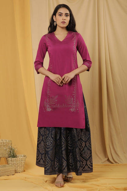 W for Woman Magenta Mukaish Kurta And Printed Skirt Set