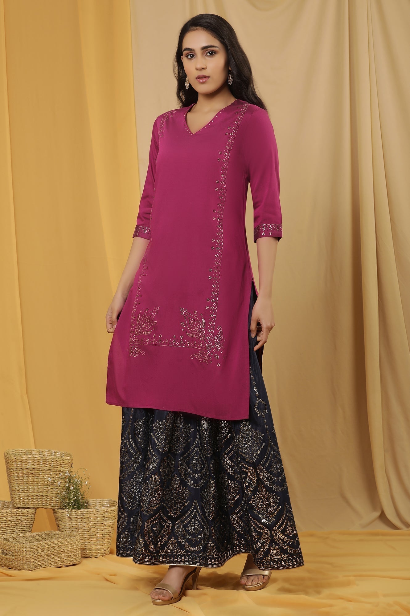 W for Woman Magenta Mukaish Kurta And Printed Skirt Set