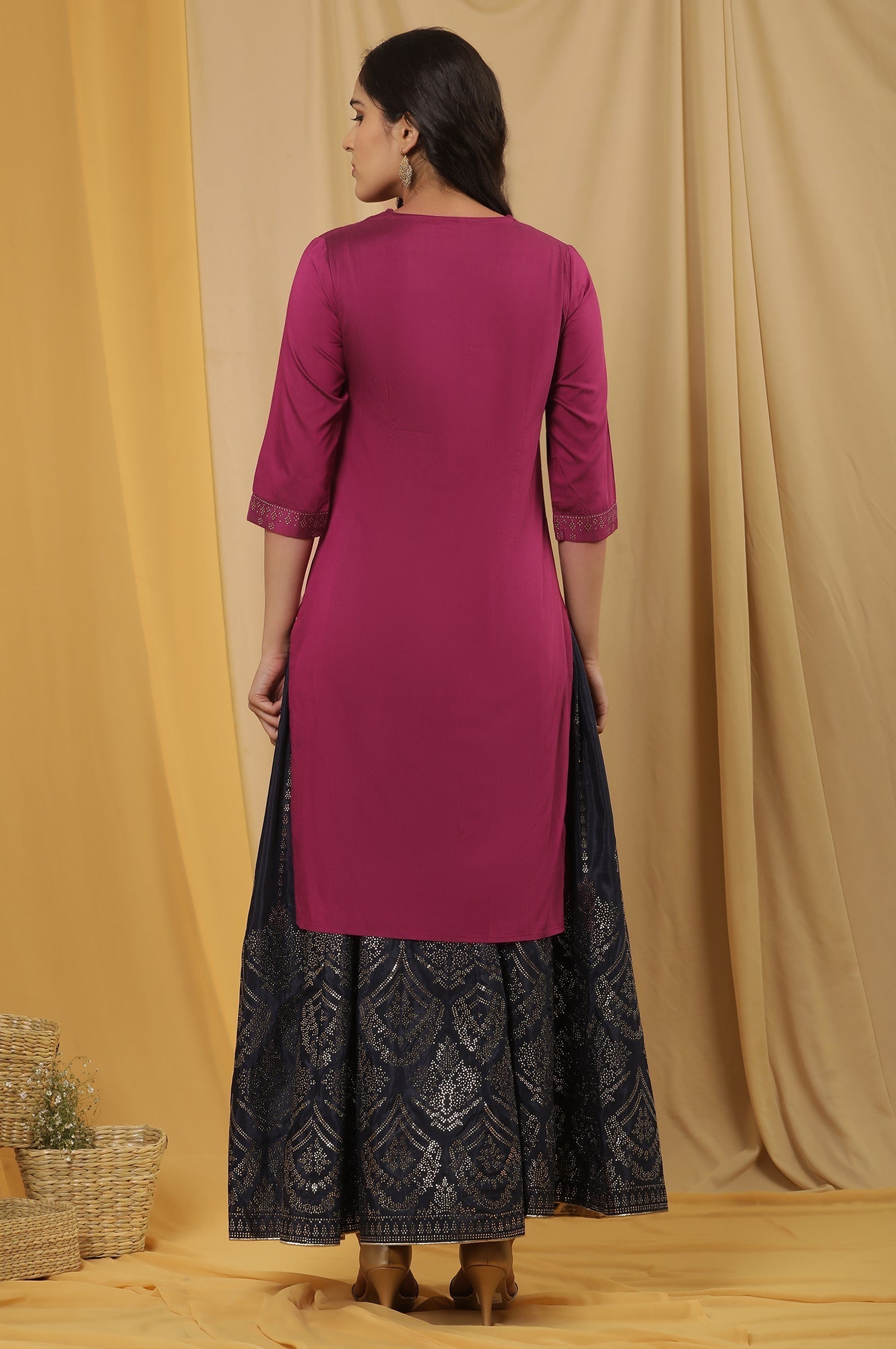W for Woman Magenta Mukaish Kurta And Printed Skirt Set