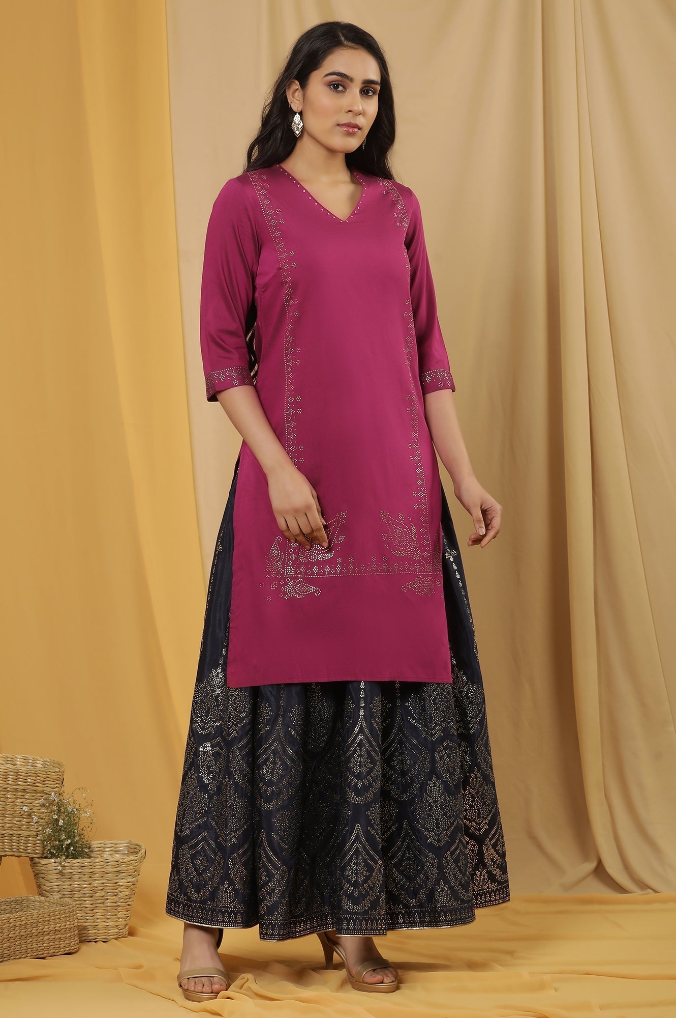 W for Woman Magenta Mukaish Kurta And Printed Skirt Set