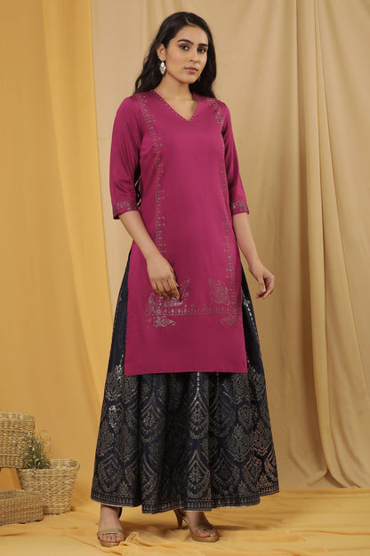 W for Woman Magenta Mukaish Kurta And Printed Skirt Set