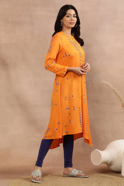 W for Woman Orange Printed Asymmetrical Kurta And Tights Set