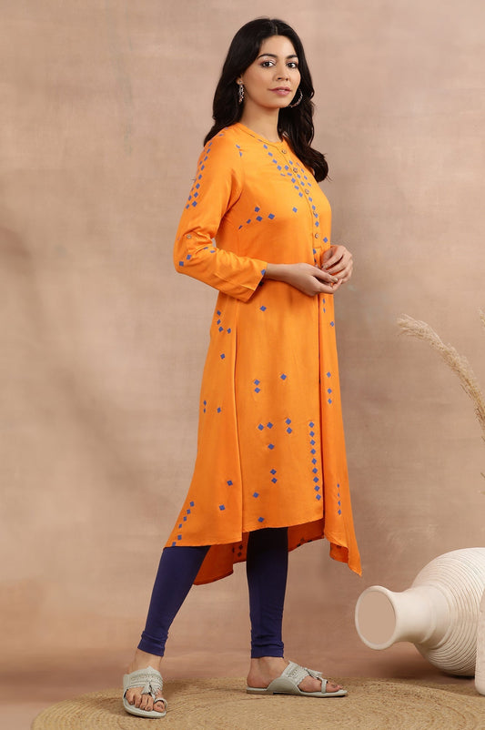 W for Woman Orange Printed Asymmetrical Kurta And Tights Set