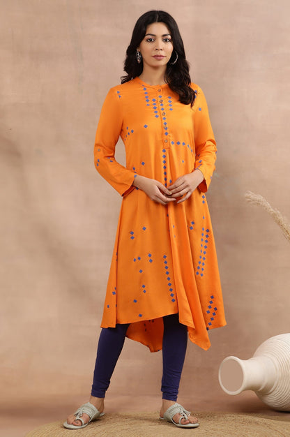 W for Woman Orange Printed Asymmetrical Kurta And Tights Set