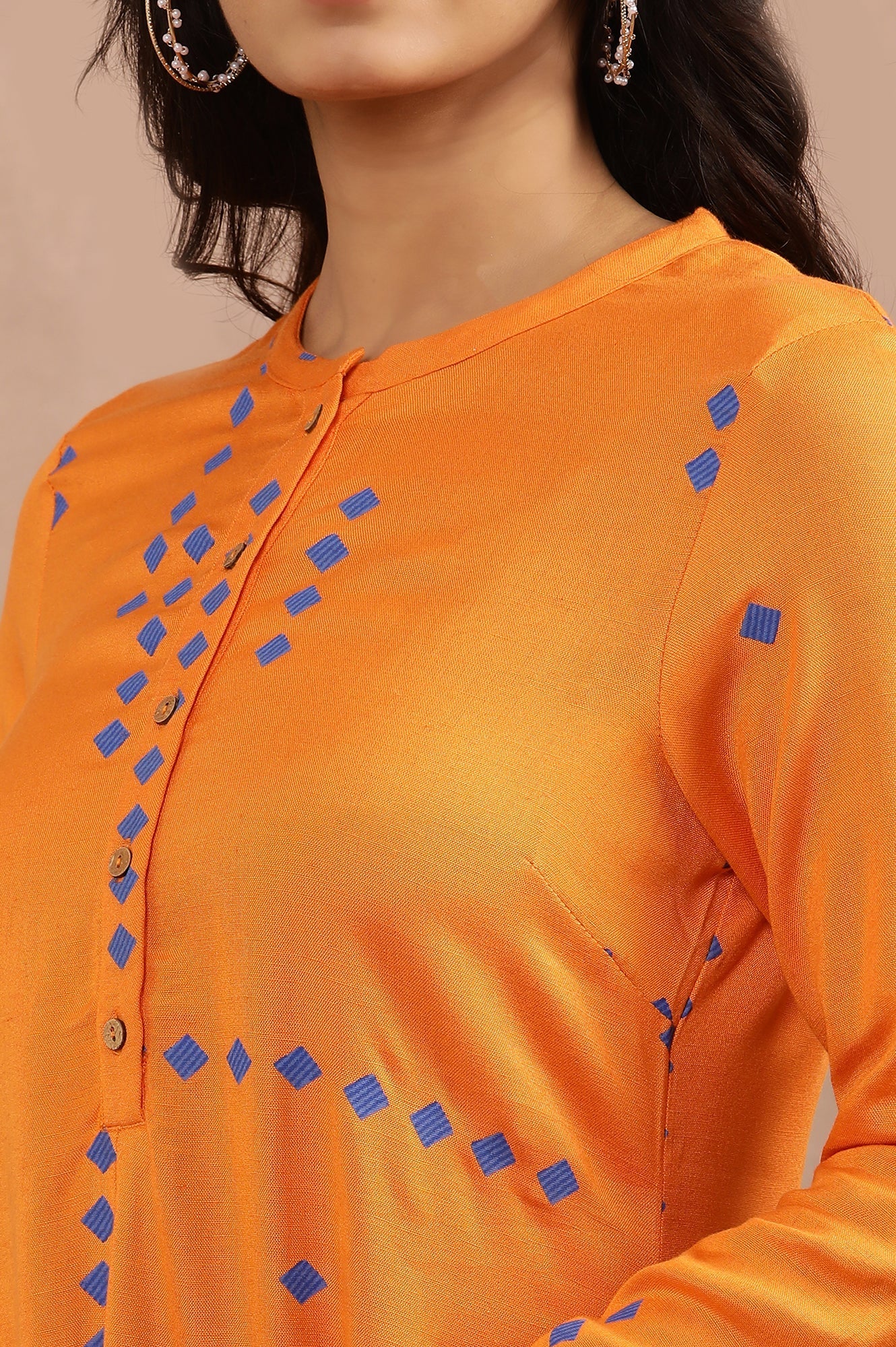 W for Woman Orange Printed Asymmetrical Kurta And Tights Set