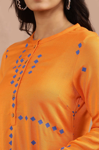 W for Woman Orange Printed Asymmetrical Kurta And Tights Set