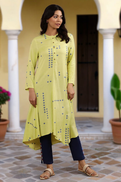 W for Woman Green Printed Asymmetrical Kurta And Blue Slim Pants Set