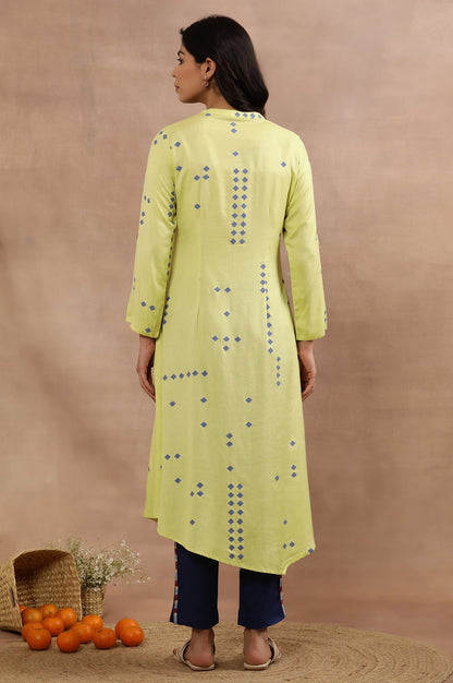 W for Woman Green Printed Asymmetrical Kurta And Blue Slim Pants Set