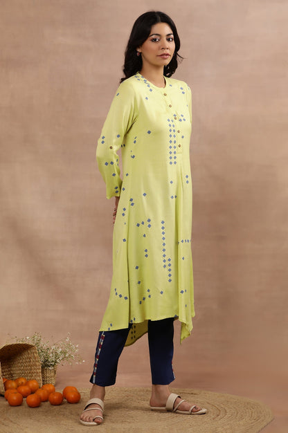 W for Woman Green Printed Asymmetrical Kurta And Blue Slim Pants Set