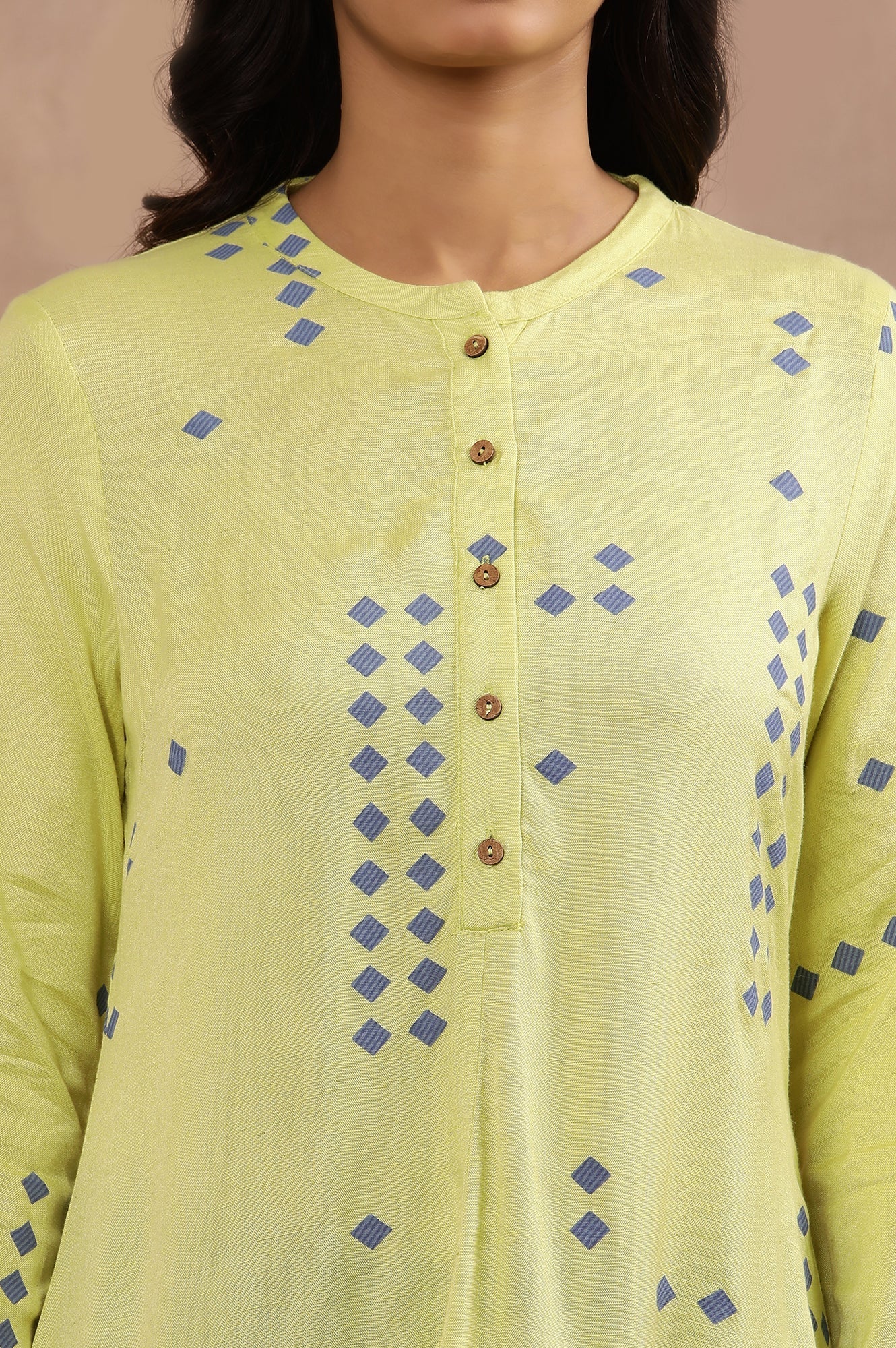 W for Woman Green Printed Asymmetrical Kurta And Blue Slim Pants Set
