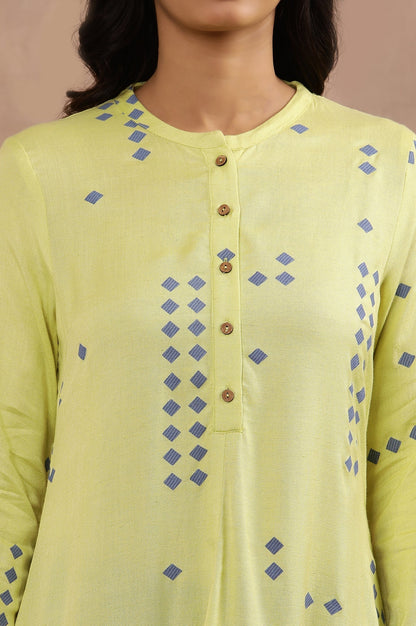 W for Woman Green Printed Asymmetrical Kurta And Blue Slim Pants Set