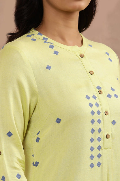 W for Woman Green Printed Asymmetrical Kurta And Blue Slim Pants Set