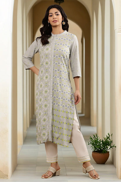 W for Woman Grey Printed Mandarin Collar Kurta And Pants Set