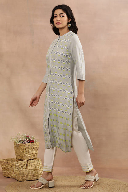 W for Woman Grey Printed Mandarin Collar Kurta And Pants Set