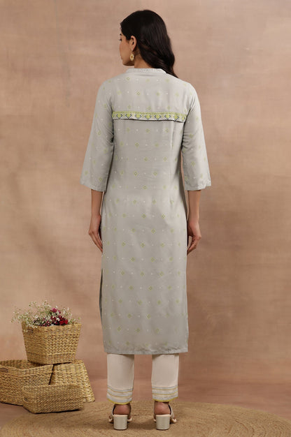 W for Woman Grey Printed Mandarin Collar Kurta And Pants Set