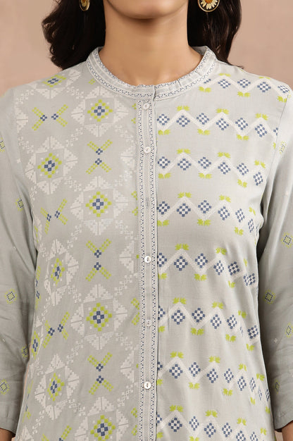 W for Woman Grey Printed Mandarin Collar Kurta And Pants Set