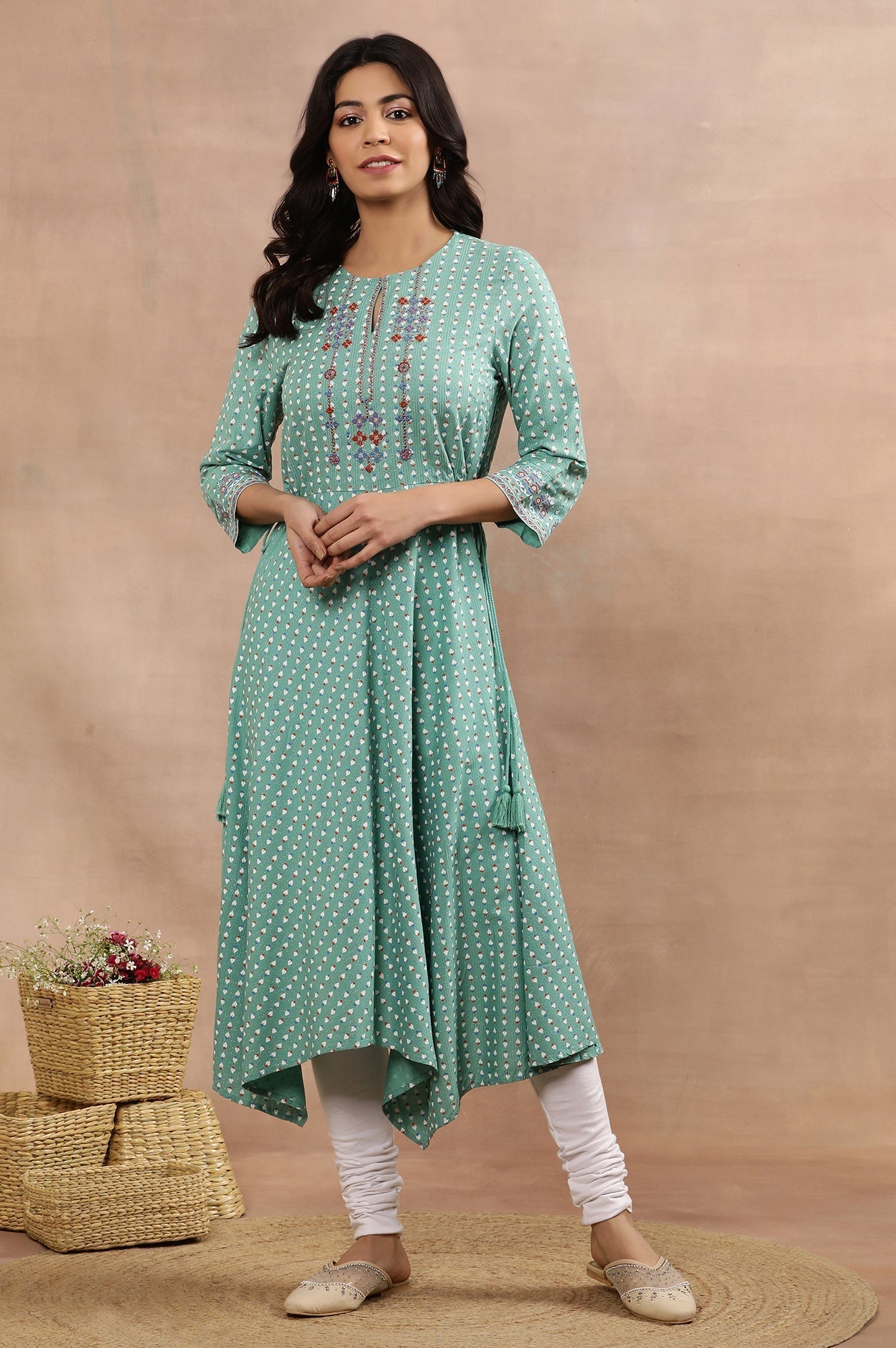 W for Woman Green Asymmetrical Printed Kurta And Churidar Set