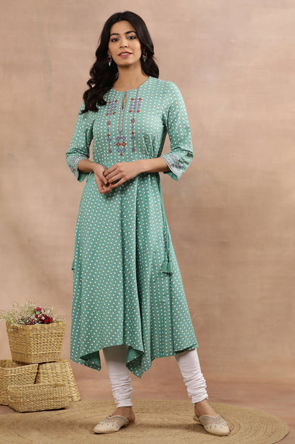 W for Woman Green Asymmetrical Printed Kurta And Churidar Set