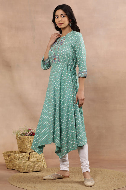 W for Woman Green Asymmetrical Printed Kurta And Churidar Set