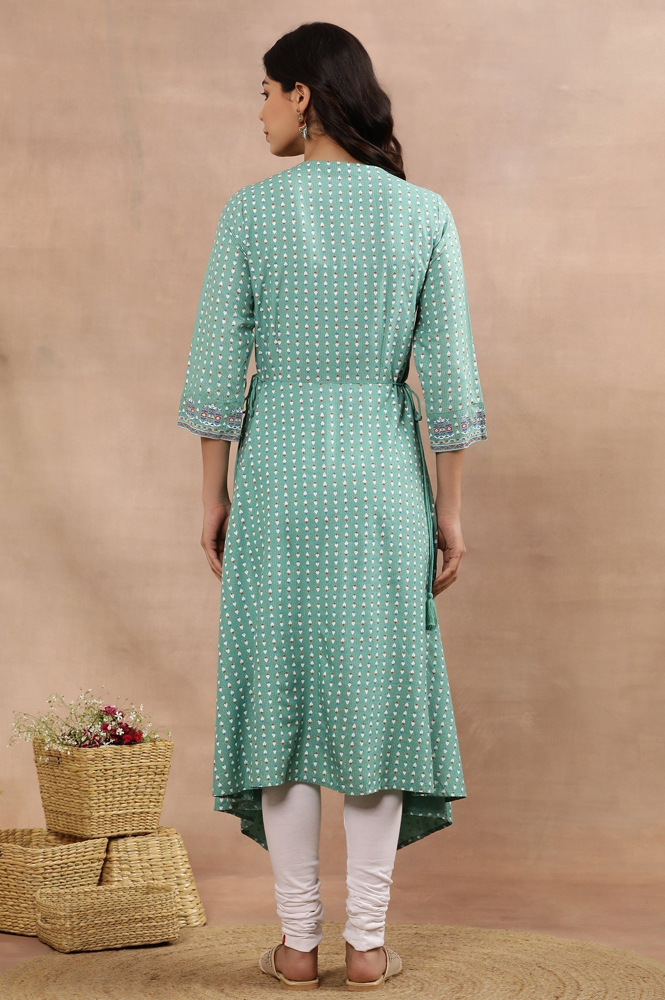 W for Woman Green Asymmetrical Printed Kurta And Churidar Set