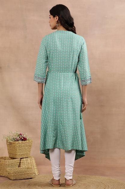 W for Woman Green Asymmetrical Printed Kurta And Churidar Set