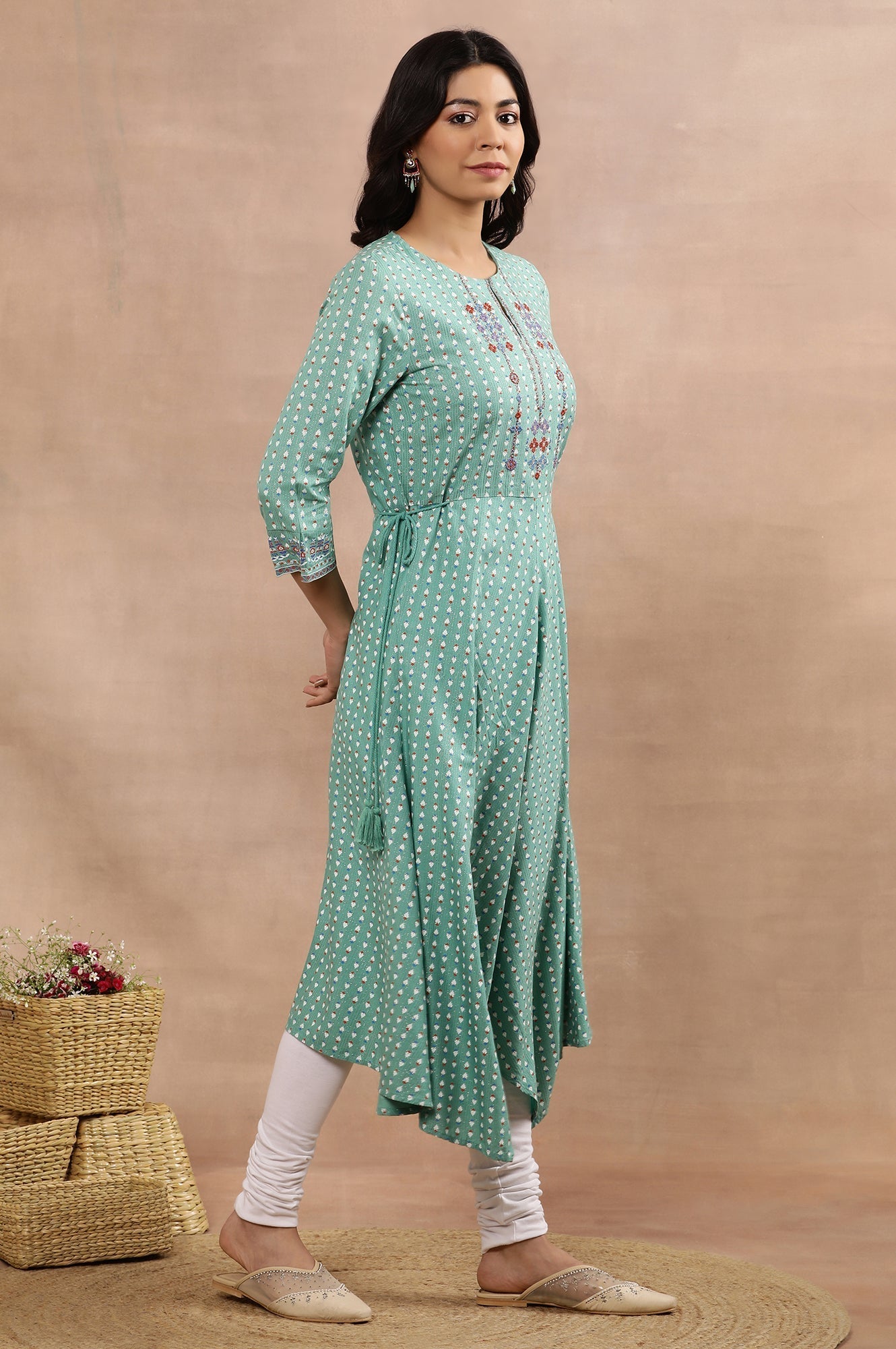 W for Woman Green Asymmetrical Printed Kurta And Churidar Set