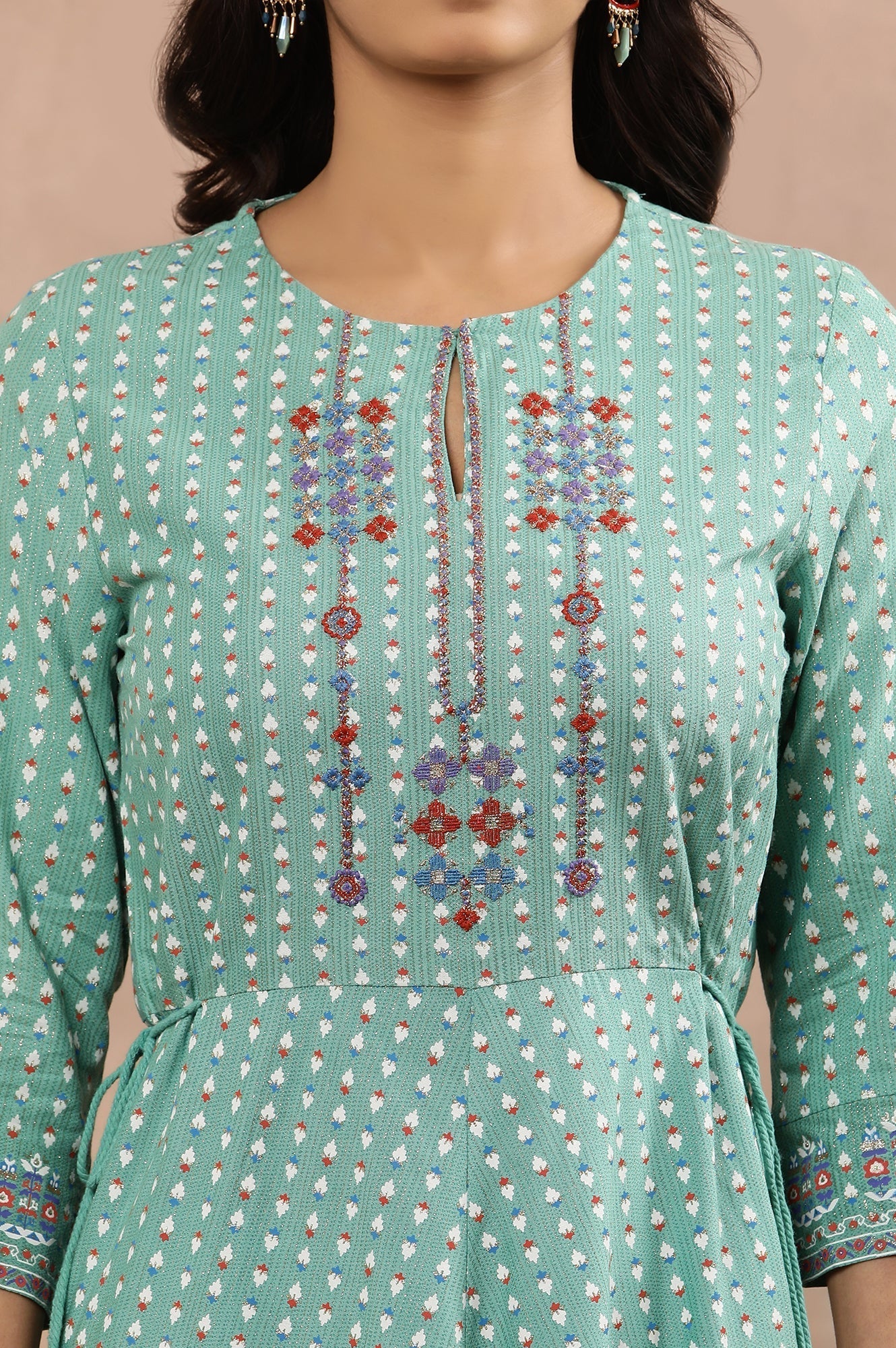 W for Woman Green Asymmetrical Printed Kurta And Churidar Set