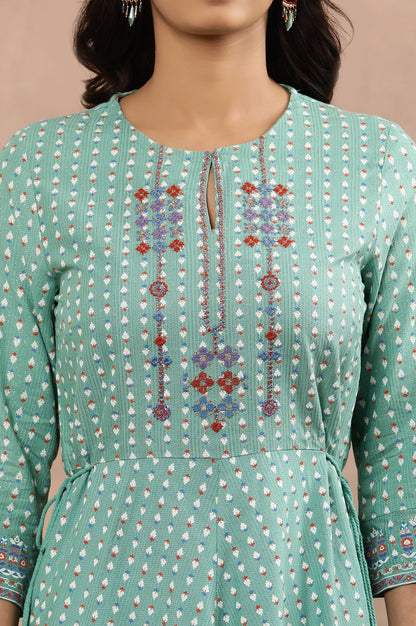W for Woman Green Asymmetrical Printed Kurta And Churidar Set