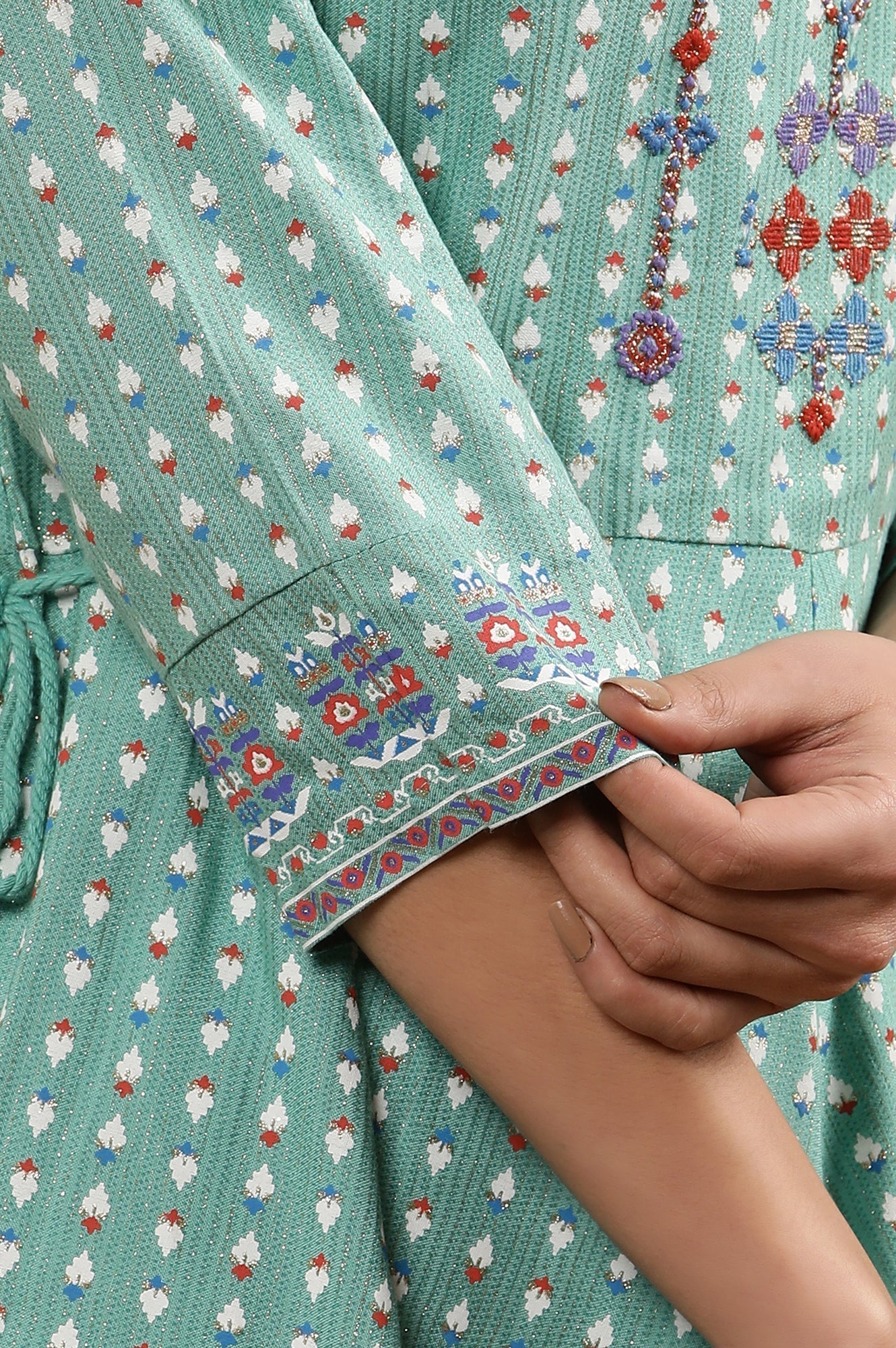W for Woman Green Asymmetrical Printed Kurta And Churidar Set