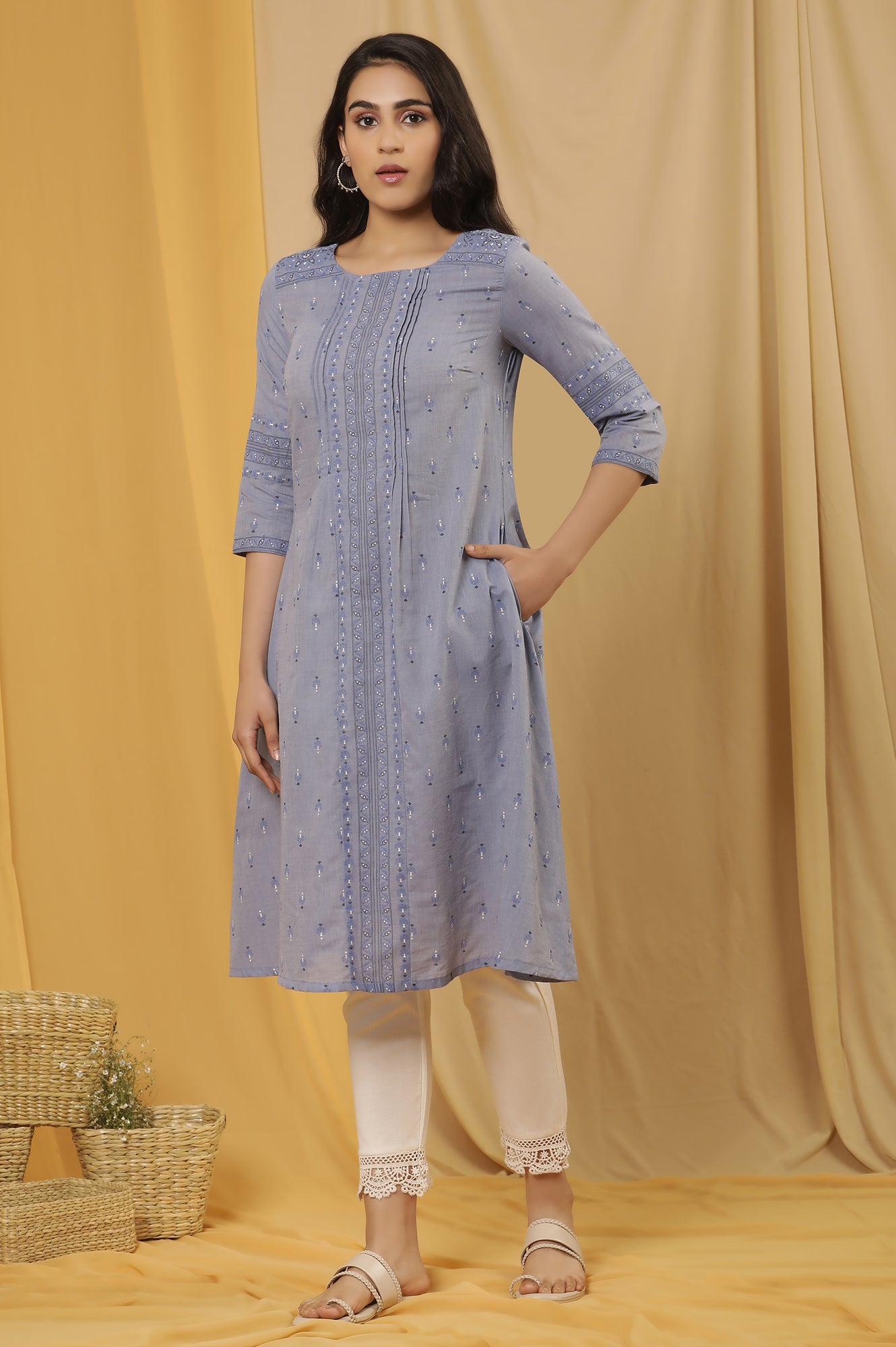 W for Woman Blue Printed A-Line Kurta And Pants Set