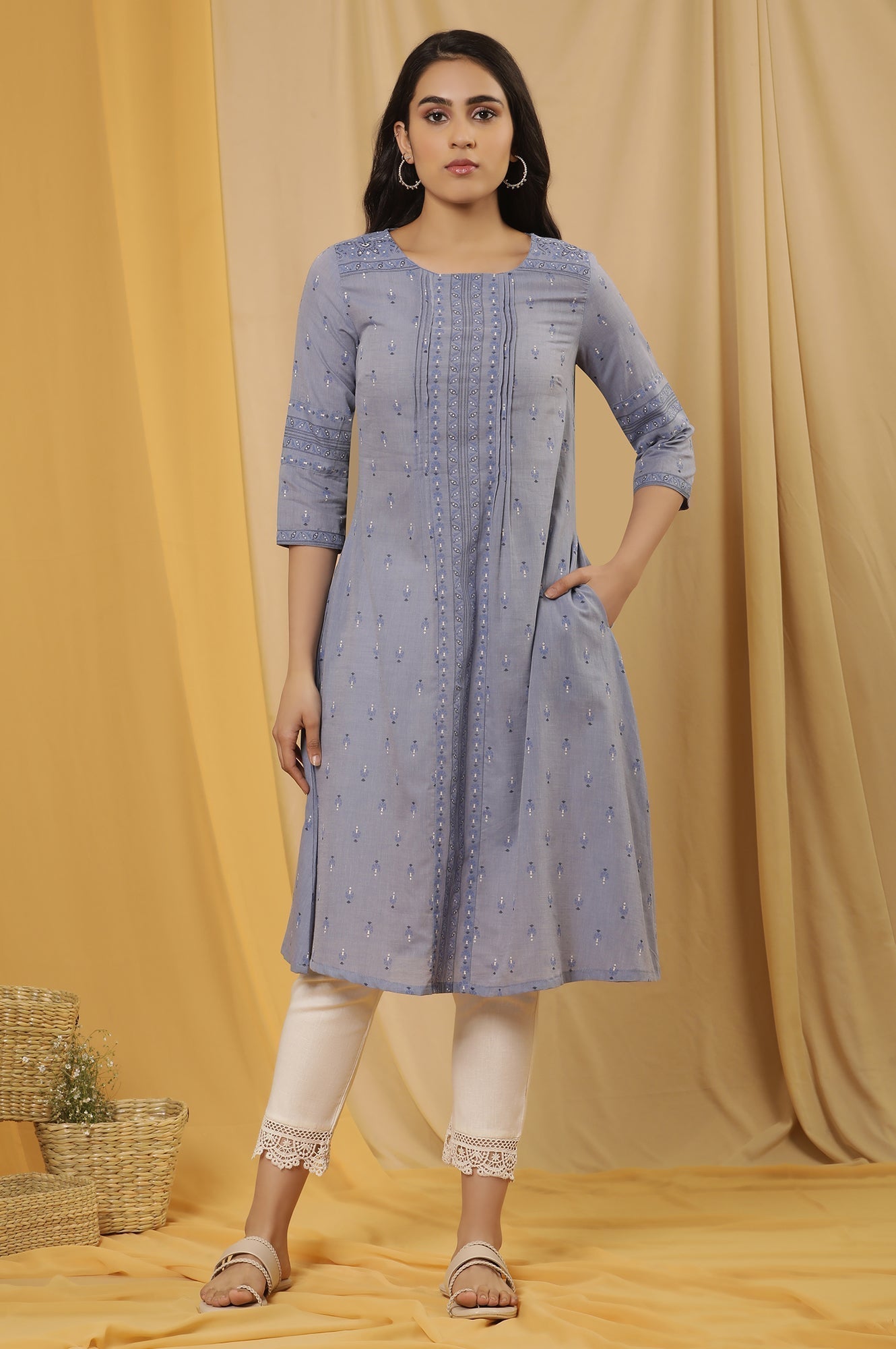 W for Woman Blue Printed A-Line Kurta And Pants Set