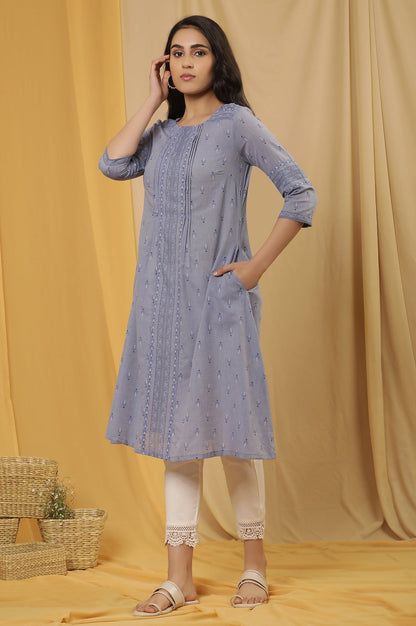 W for Woman Blue Printed A-Line Kurta And Pants Set