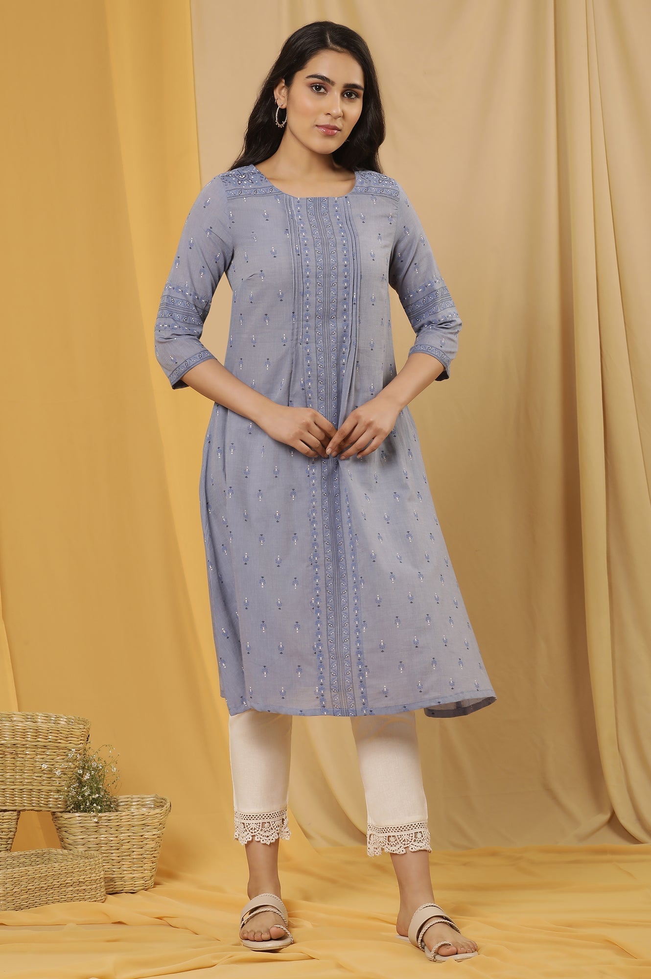 W for Woman Blue Printed A-Line Kurta And Pants Set